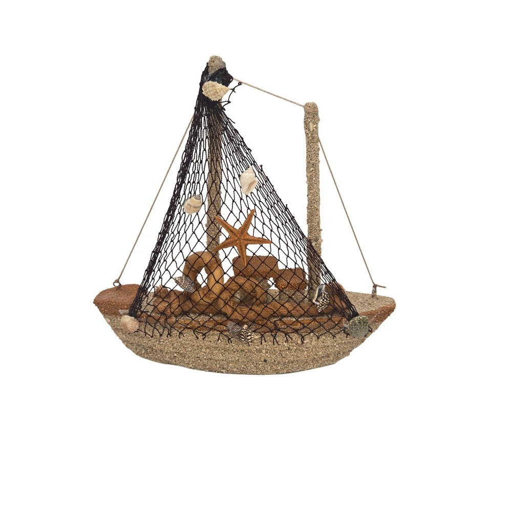 Nautical Sand Textured Fishing Boat Figurine Seashells Starfish Net Decor